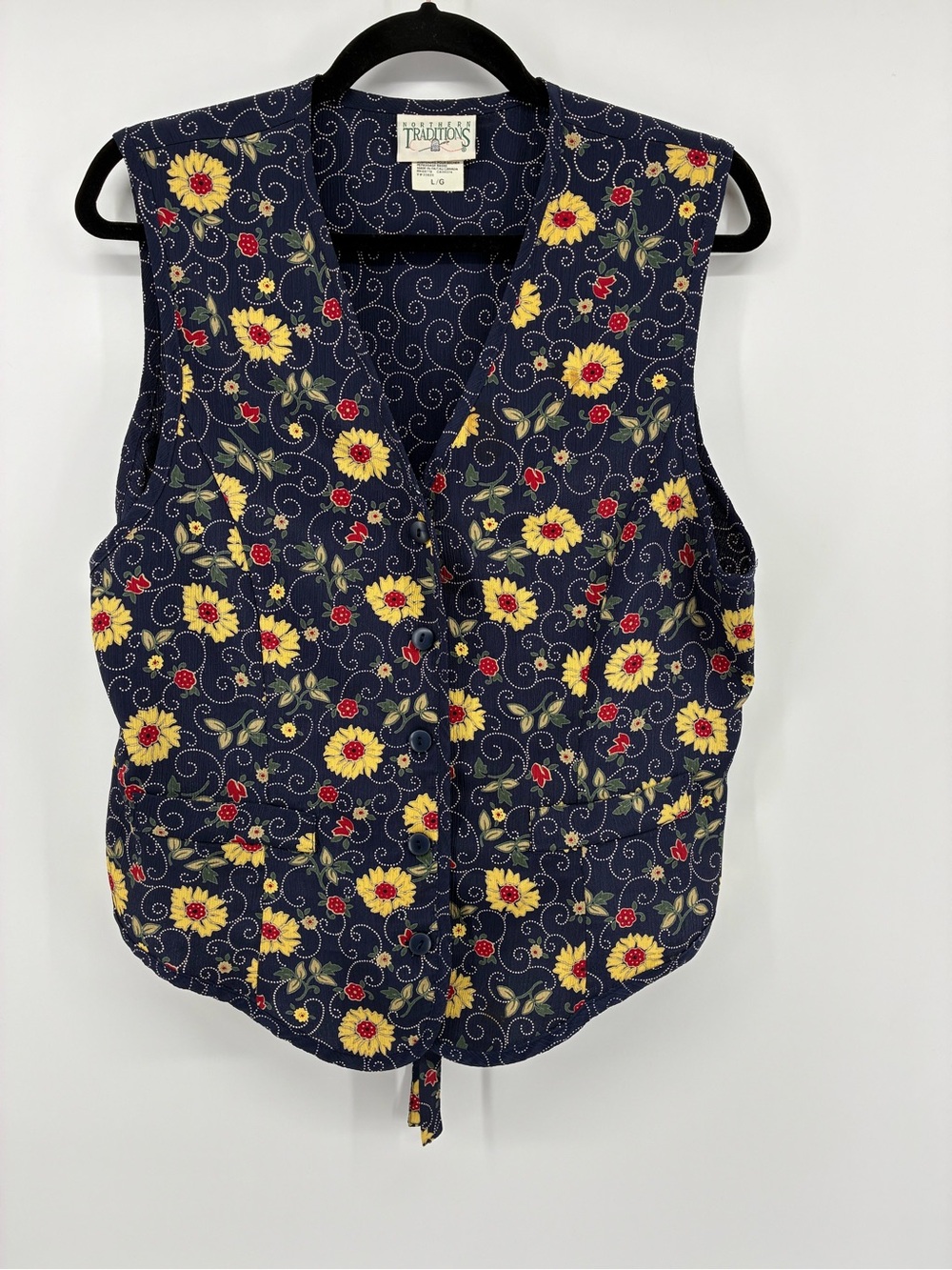 Vintage Northern Traditions Navy Floral Button-Front Vest Made in Canada